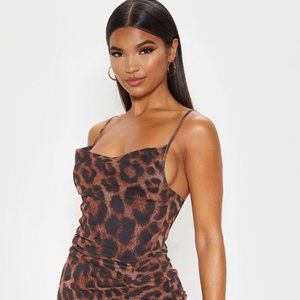 BROWN MESH LEOPARD PRINT RUCHED BODYCON DRESS